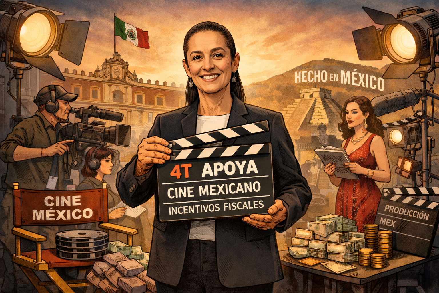 Caricatura política de Claudia Sheinbaum impulsando incentivos fiscales para el cine mexicano durante la mañanera.
