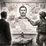 Ilustración editorial en blanco y negro de un tablero de inteligencia con mapa de México y la imagen central de El Mencho, mientras un militar mexicano señala el operativo, metáfora de la operación en Tapalpa.