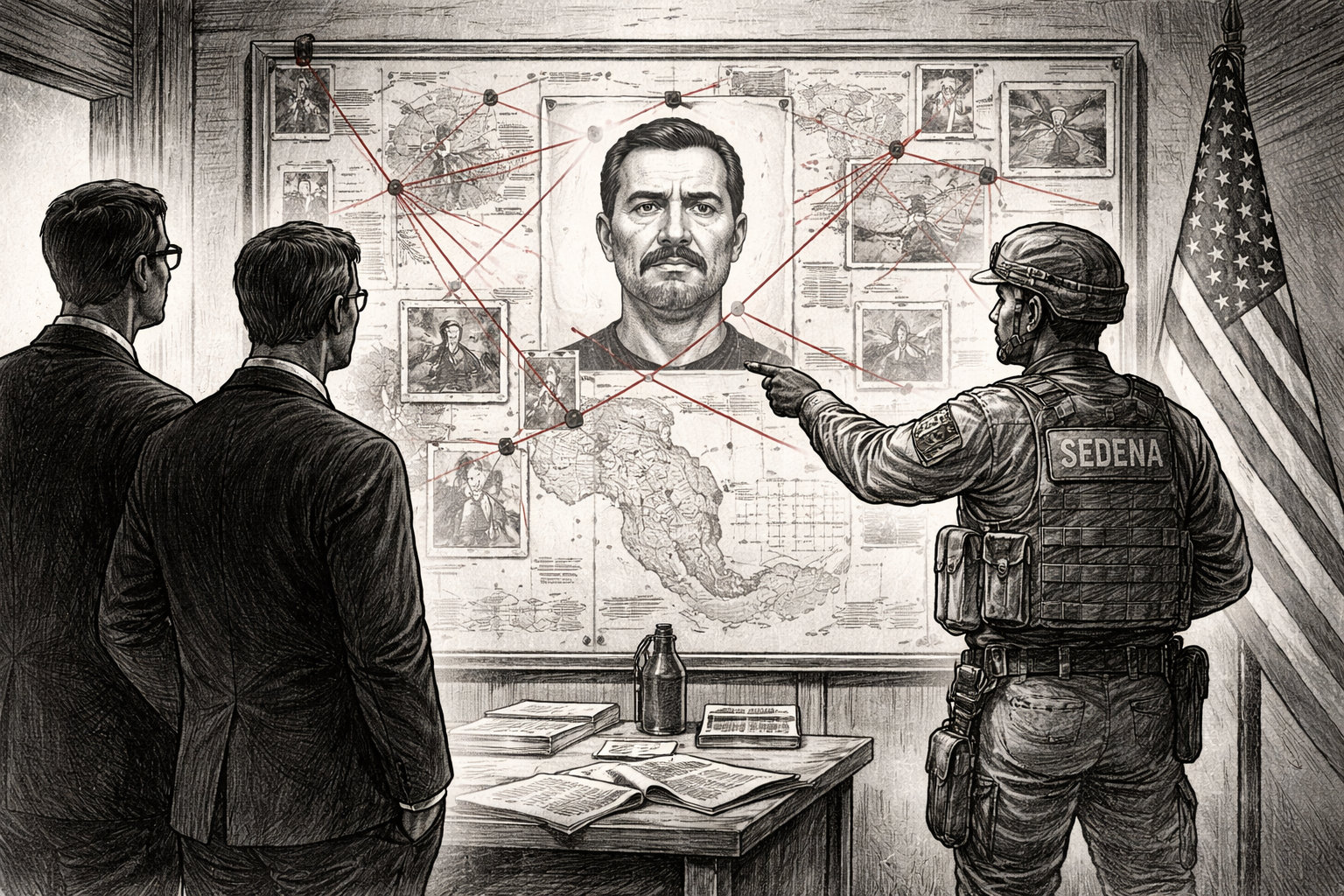 Ilustración editorial en blanco y negro de un tablero de inteligencia con mapa de México y la imagen central de El Mencho, mientras un militar mexicano señala el operativo, metáfora de la operación en Tapalpa.