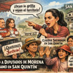 Caricatura política del regaño de Claudia Sheinbaum a diputados de Morena durante su gira en San Quintín, con reclamos ciudadanos por deudas históricas.