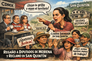 Caricatura política del regaño de Claudia Sheinbaum a diputados de Morena durante su gira en San Quintín, con reclamos ciudadanos por deudas históricas.