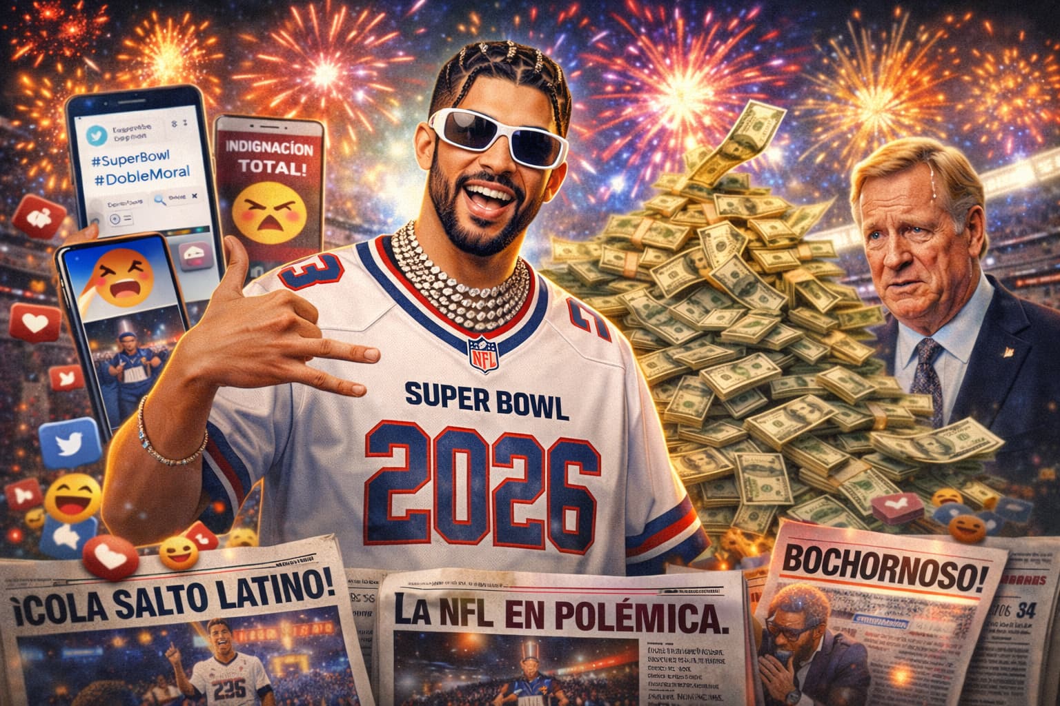 Bad Bunny en el Super Bowl 2026 rodeado de billetes y reacciones virales en redes sociales