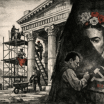 Ilustración editorial de museo mexicano en restauración y una obra artística bajo sombra de duda