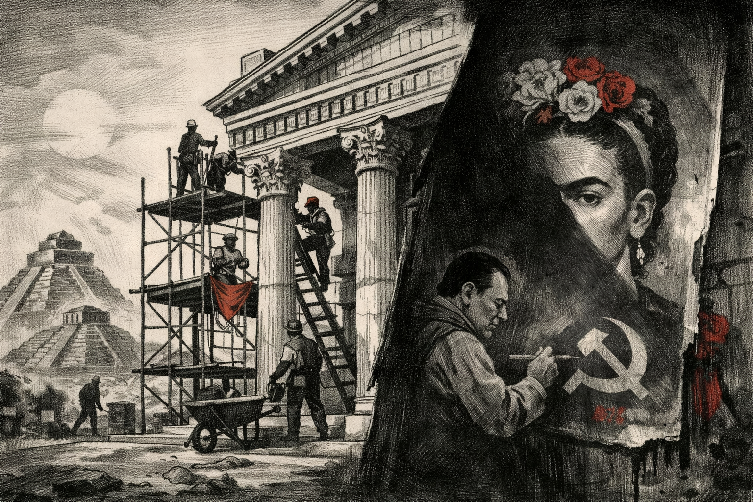 Ilustración editorial de museo mexicano en restauración y una obra artística bajo sombra de duda