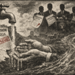 Ilustración estilo grabado editorial donde el agua fluye hacia el pueblo mientras se rompen privilegios y concesiones en México