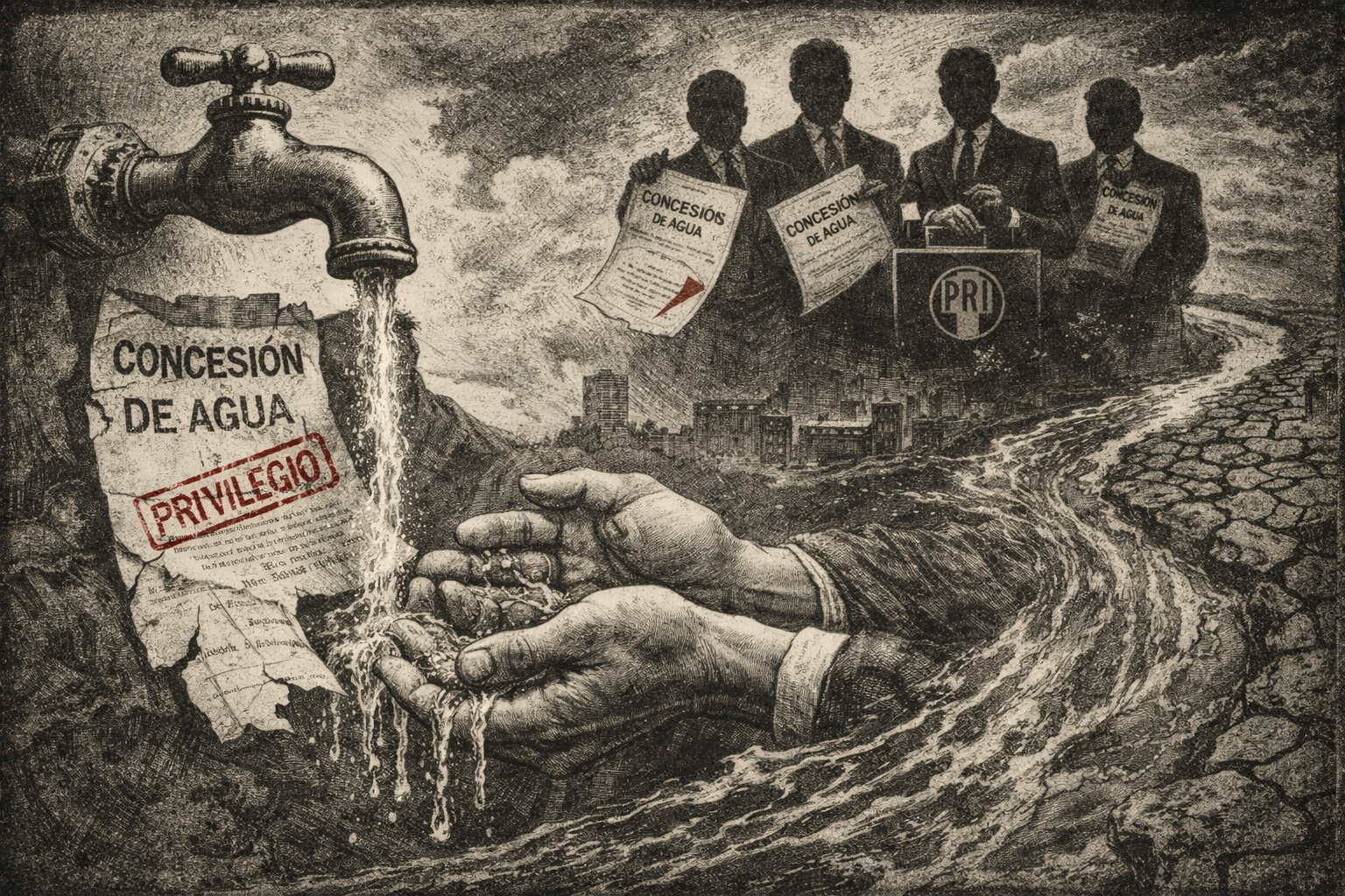 Ilustración estilo grabado editorial donde el agua fluye hacia el pueblo mientras se rompen privilegios y concesiones en México