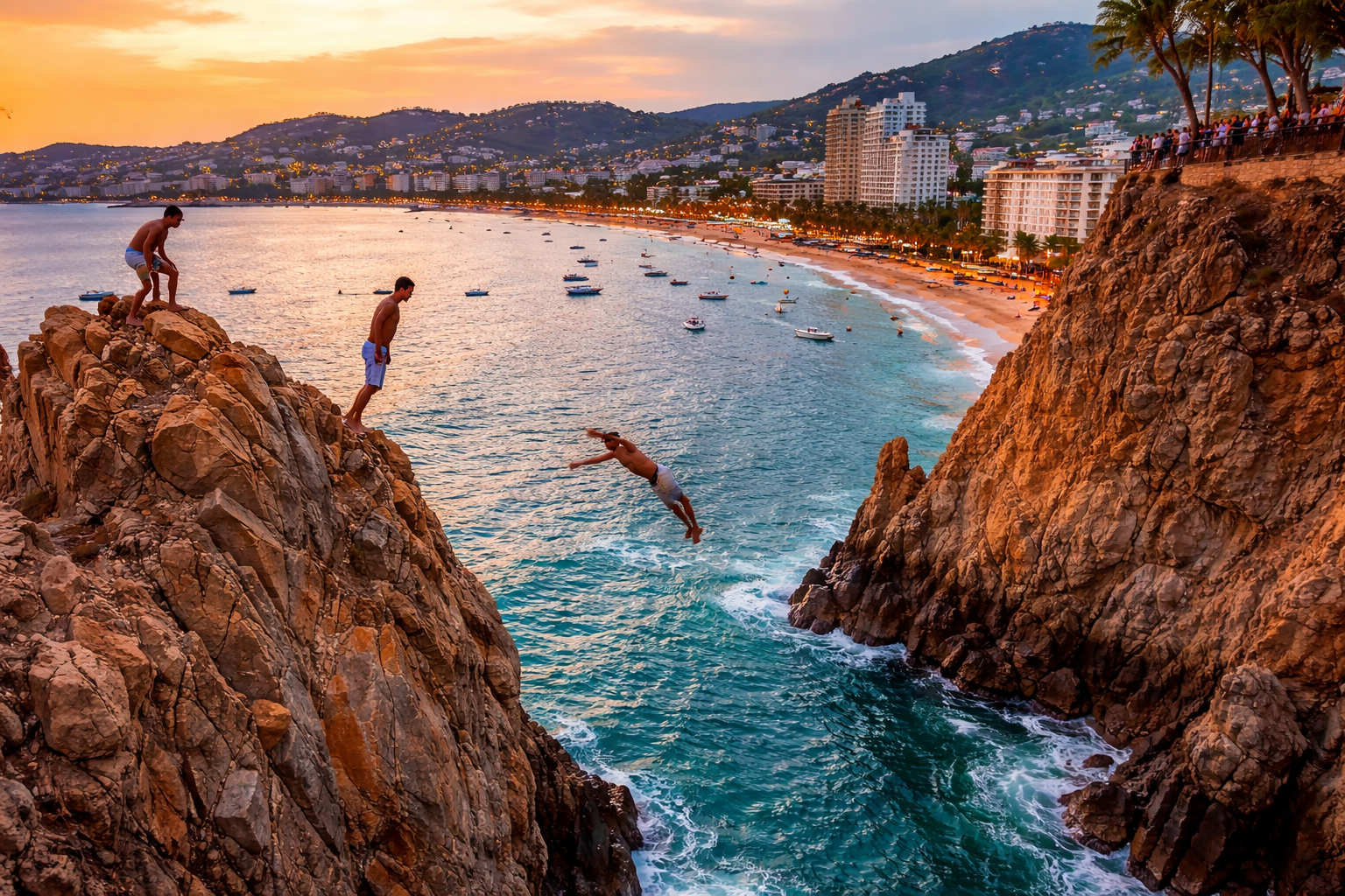 Clavadista de La Quebrada saltando al mar frente a la bahía de Acapulco al atardecer, con la ciudad iluminándose al fondo.