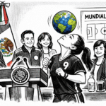 Ilustración estilo caricatura tipo New Yorker: Charlyn Corral domina un balón con forma del planeta durante una conferencia mañanera mientras la presidenta Claudia Sheinbaum y funcionarios del gabinete observan, simbolizando el impulso al futbol femenil rumbo al Mundial 2026.