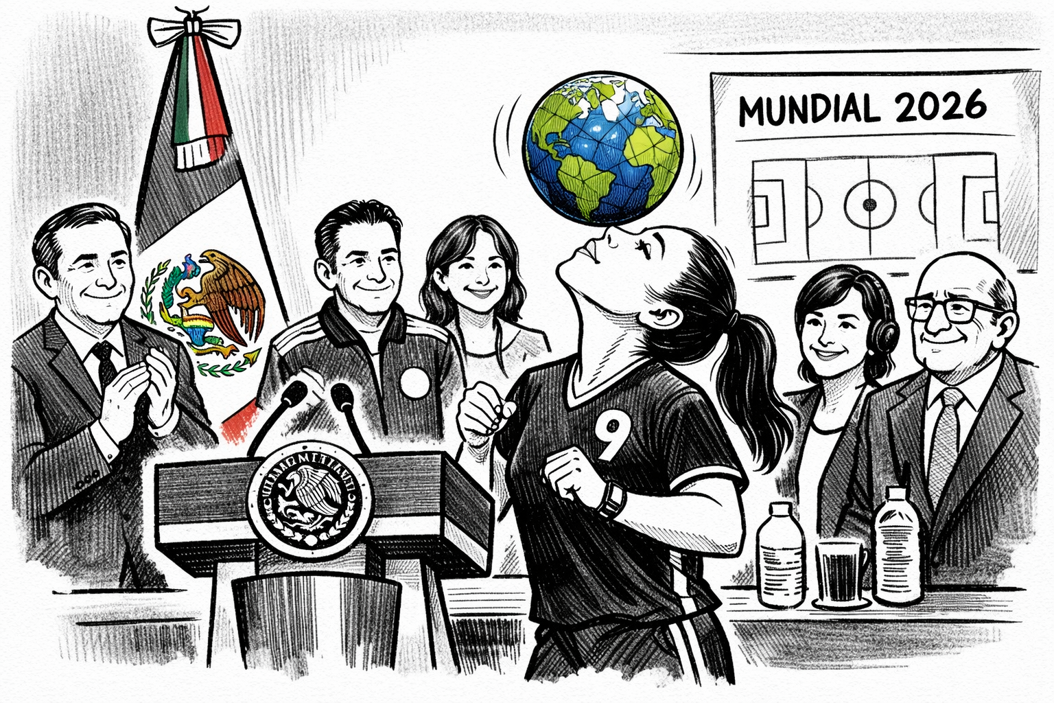 Ilustración estilo caricatura tipo New Yorker: Charlyn Corral domina un balón con forma del planeta durante una conferencia mañanera mientras la presidenta Claudia Sheinbaum y funcionarios del gabinete observan, simbolizando el impulso al futbol femenil rumbo al Mundial 2026.