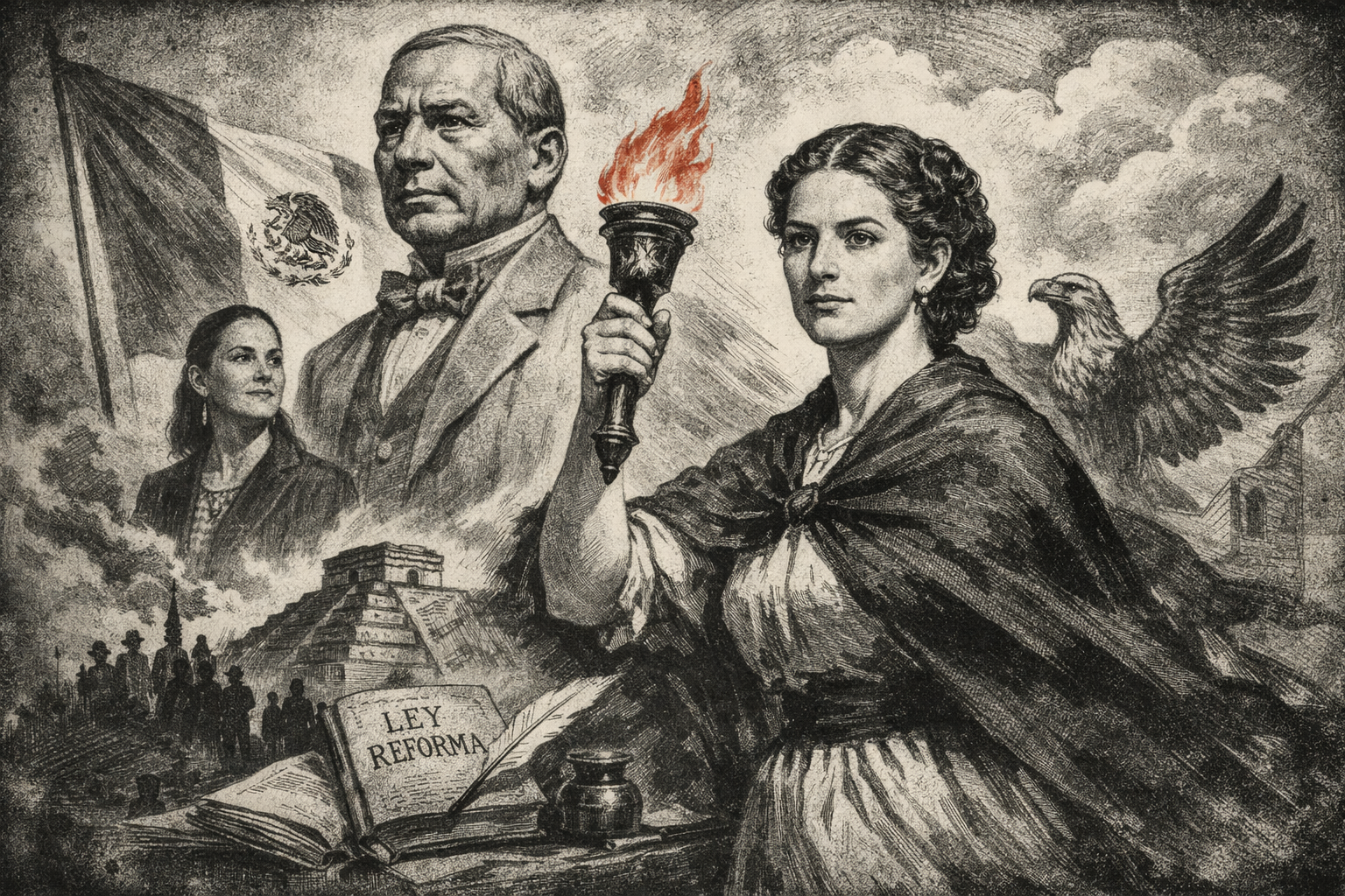 Margarita Maza y Benito Juárez en ilustración editorial representando el cambio de narrativa histórica en la 4T