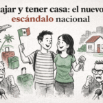 Ilustración satírica de una pareja mexicana viajando con maletas y llaves de casa mientras comentaristas enfadados reaccionan; simboliza el debate sobre turismo social y acceso a vivienda en México.