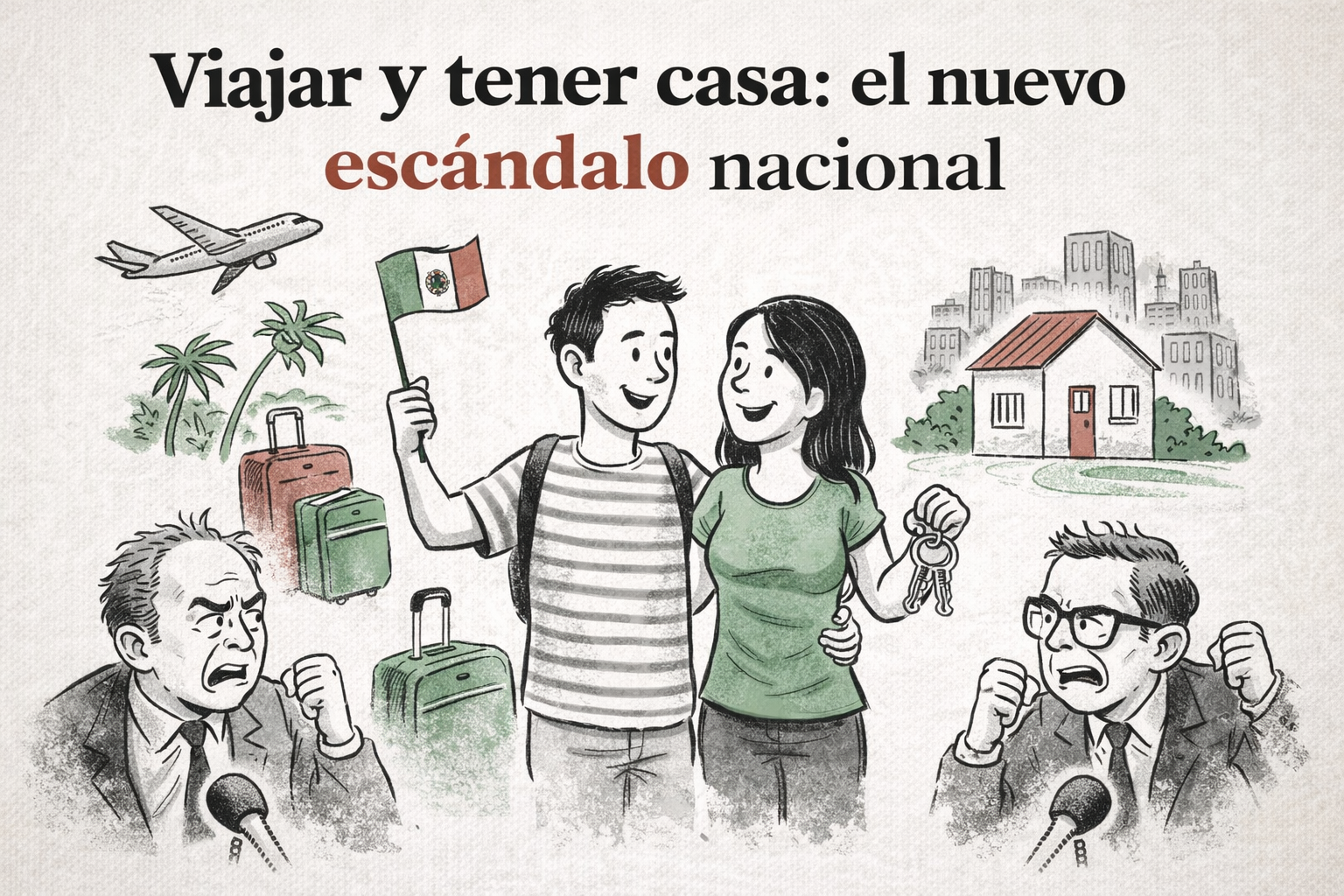 Ilustración satírica de una pareja mexicana viajando con maletas y llaves de casa mientras comentaristas enfadados reaccionan; simboliza el debate sobre turismo social y acceso a vivienda en México.