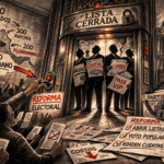 Ilustración editorial de un elevador “Lista Cerrada” con dirigentes dentro mientras ciudadanos exigen voto ciudadano y reforma electoral frente al Congreso.