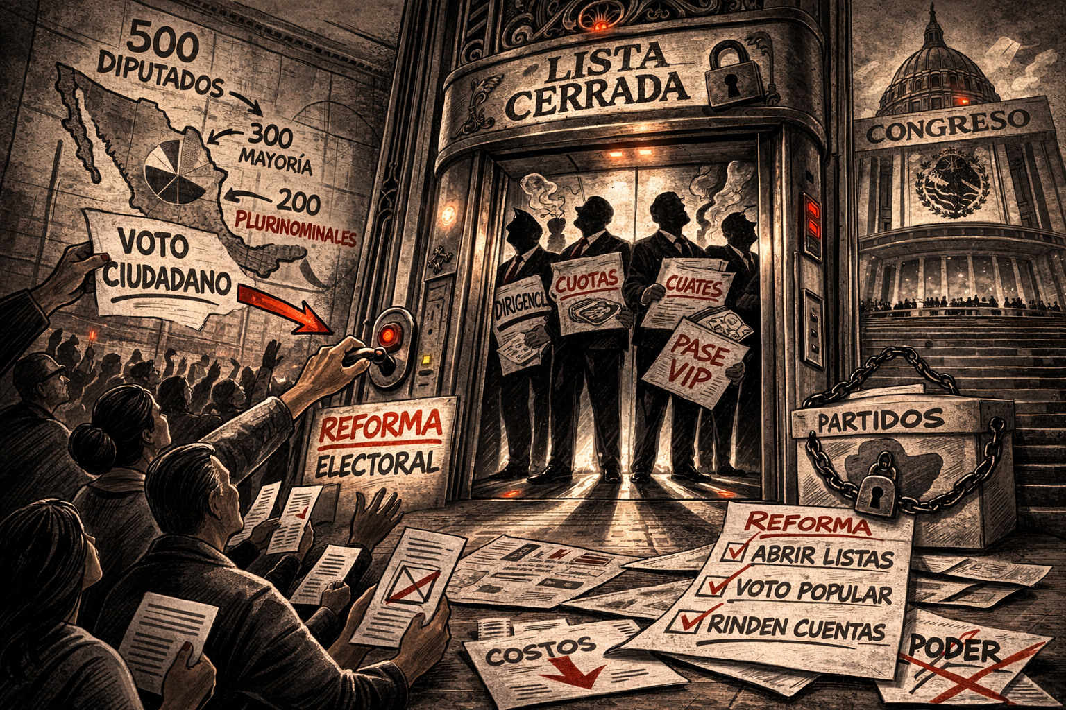 Ilustración editorial de un elevador “Lista Cerrada” con dirigentes dentro mientras ciudadanos exigen voto ciudadano y reforma electoral frente al Congreso.