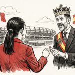 Ilustración editorial en blanco y negro estilo caricatura política donde Claudia Sheinbaum extiende el meñique al rey de España frente al Estadio Azteca, simbolizando acercamiento diplomático entre México y España con toques de color en las banderas.