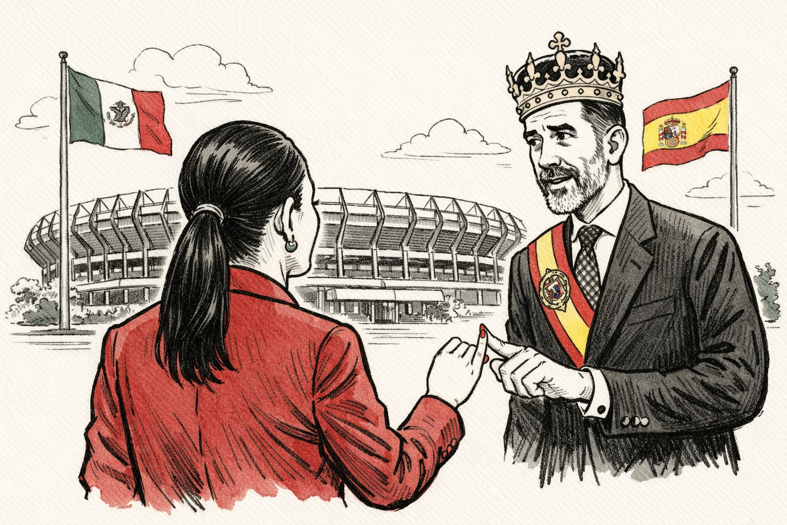 Ilustración editorial en blanco y negro estilo caricatura política donde Claudia Sheinbaum extiende el meñique al rey de España frente al Estadio Azteca, simbolizando acercamiento diplomático entre México y España con toques de color en las banderas.