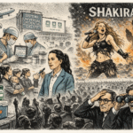 Ilustración editorial estilo grabado: Claudia Sheinbaum frente a un sistema de salud con médicos vacunando mientras al fondo una multitud disfruta un concierto de Shakira, contrastando política pública y debate cultural.