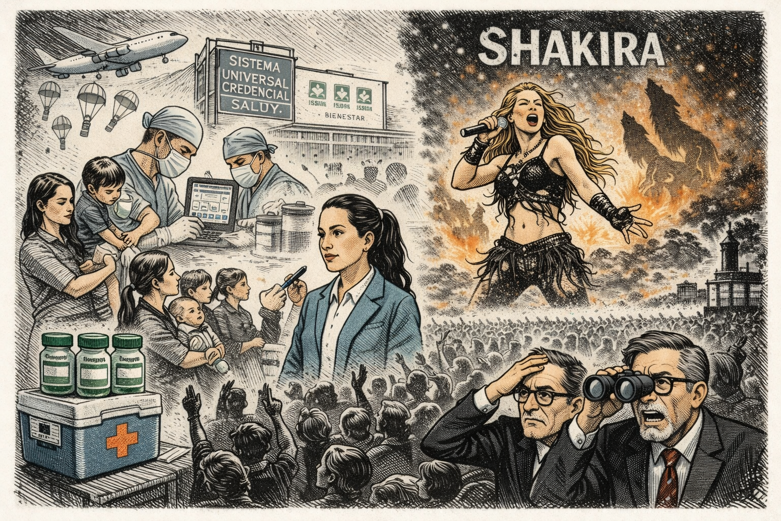 Ilustración editorial estilo grabado: Claudia Sheinbaum frente a un sistema de salud con médicos vacunando mientras al fondo una multitud disfruta un concierto de Shakira, contrastando política pública y debate cultural.