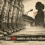 Ilustración editorial de botas militares de mujeres en formación mientras una presidenta se dirige a ellas durante el Día Internacional de la Mujer en México.