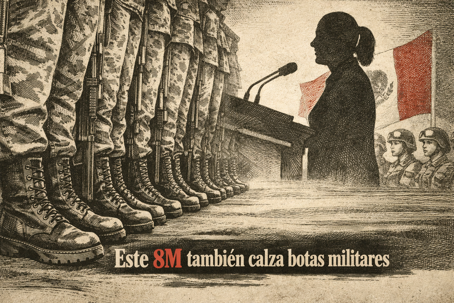 Ilustración editorial de botas militares de mujeres en formación mientras una presidenta se dirige a ellas durante el Día Internacional de la Mujer en México.