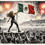 Ilustración estilo grabado editorial de Shakira ondeando la bandera de México en el Zócalo con 400 mil personas y fuegos artificiales de colores.