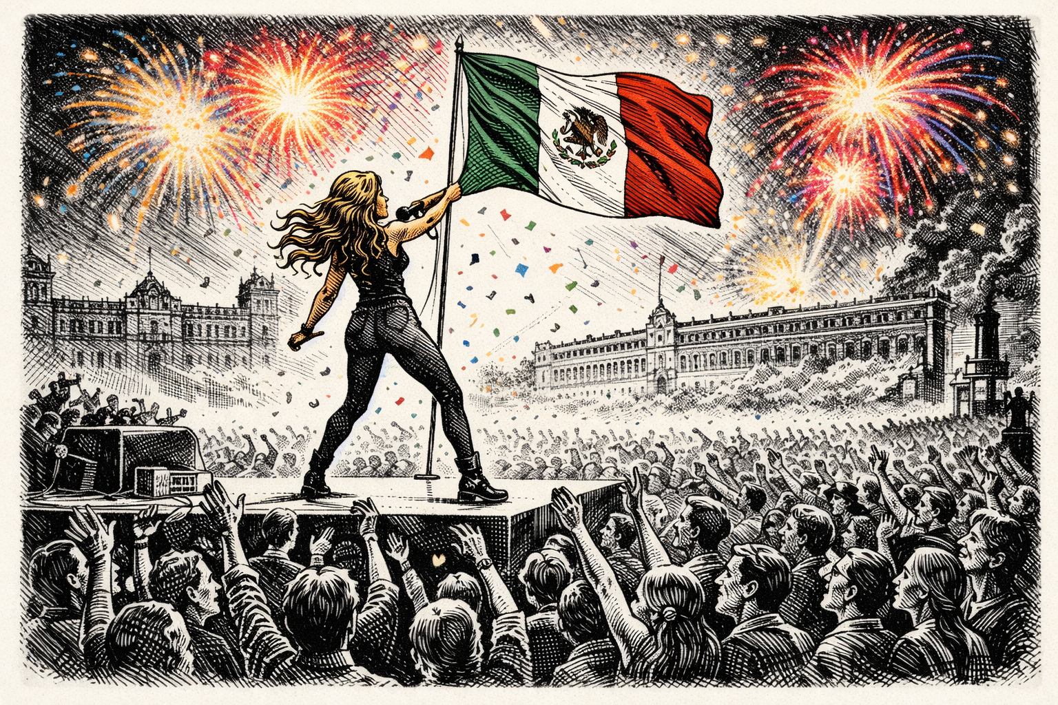 Ilustración estilo grabado editorial de Shakira ondeando la bandera de México en el Zócalo con 400 mil personas y fuegos artificiales de colores.