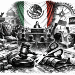 Ilustración política en blanco y negro estilo editorial donde se representan dinero, poder político, reforma electoral y protesta ciudadana en México