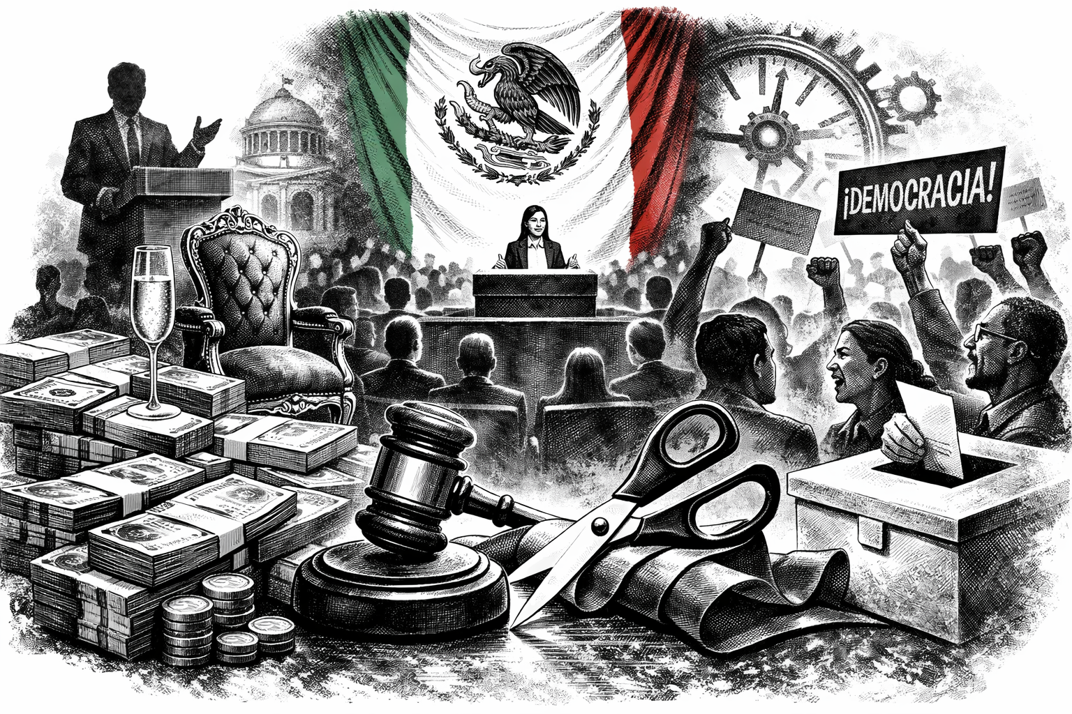 Ilustración política en blanco y negro estilo editorial donde se representan dinero, poder político, reforma electoral y protesta ciudadana en México