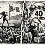 Ilustración editorial en blanco y negro que muestra un concierto masivo en el Zócalo dividido con un trabajador frente a un reloj gigante de 40 horas, simbolizando la reforma laboral en México.