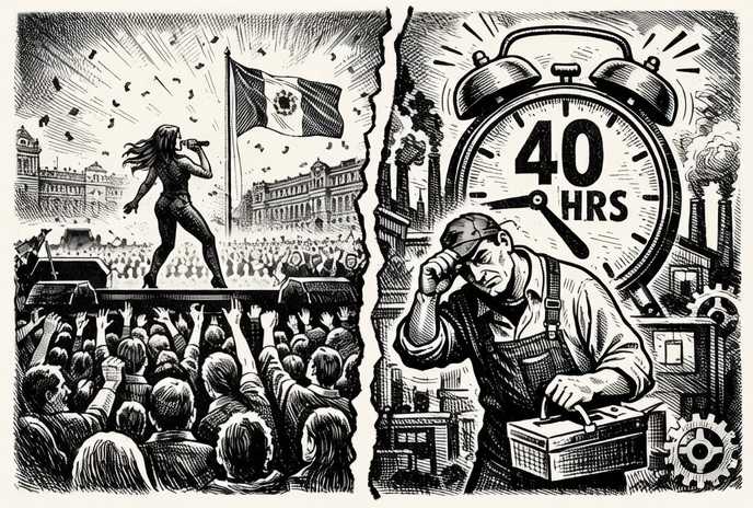 Ilustración editorial en blanco y negro que muestra un concierto masivo en el Zócalo dividido con un trabajador frente a un reloj gigante de 40 horas, simbolizando la reforma laboral en México.