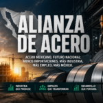 Ilustración industrial de acero mexicano con grúas, ciudad en construcción y mapa de México simbolizando producción nacional y desarrollo