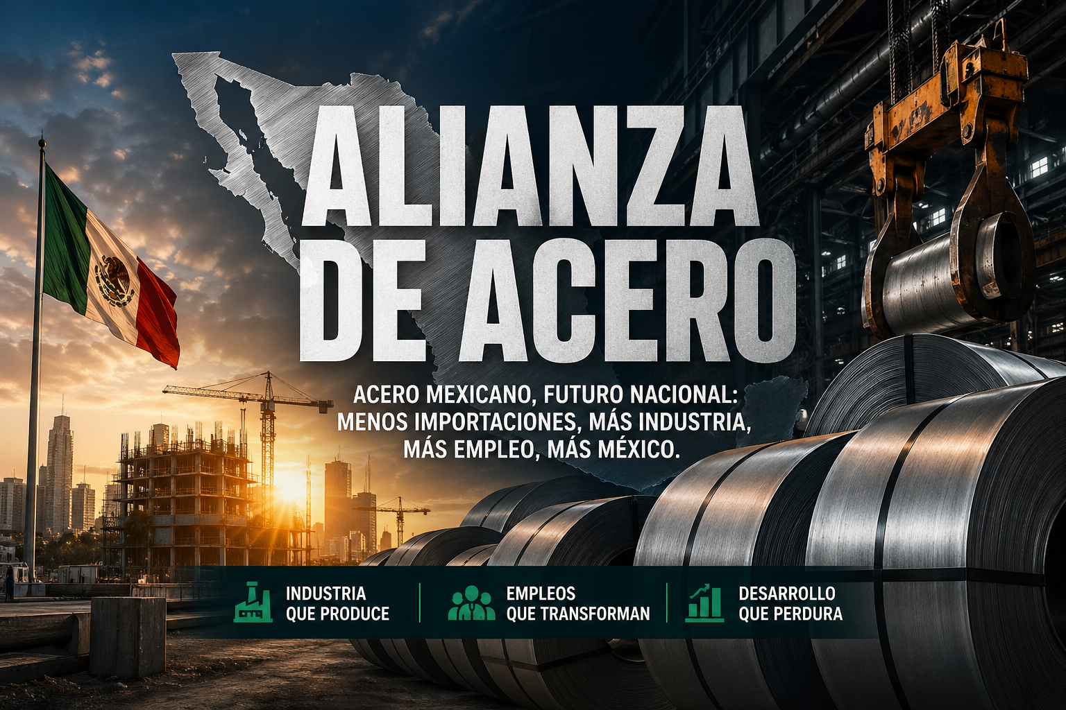 Ilustración industrial de acero mexicano con grúas, ciudad en construcción y mapa de México simbolizando producción nacional y desarrollo