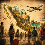 Turistas caminando hacia un mapa de México iluminado mientras sombras críticas rodean la escena