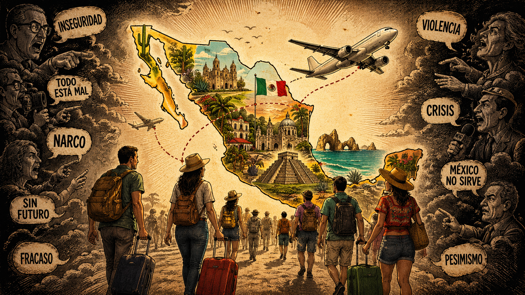 Turistas caminando hacia un mapa de México iluminado mientras sombras críticas rodean la escena