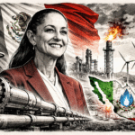 Ilustración editorial en blanco y negro de Claudia Sheinbaum con gasoductos y refinería, simbolizando la soberanía energética en México