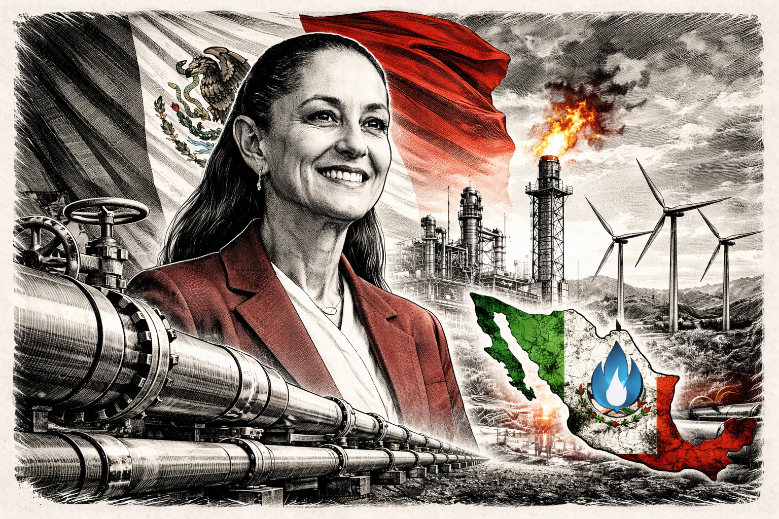 Ilustración editorial en blanco y negro de Claudia Sheinbaum con gasoductos y refinería, simbolizando la soberanía energética en México