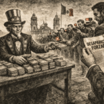 Figura del Tío Sam entregando dinero a periodistas en el Zócalo mientras circula un documento sobre desaparición forzada