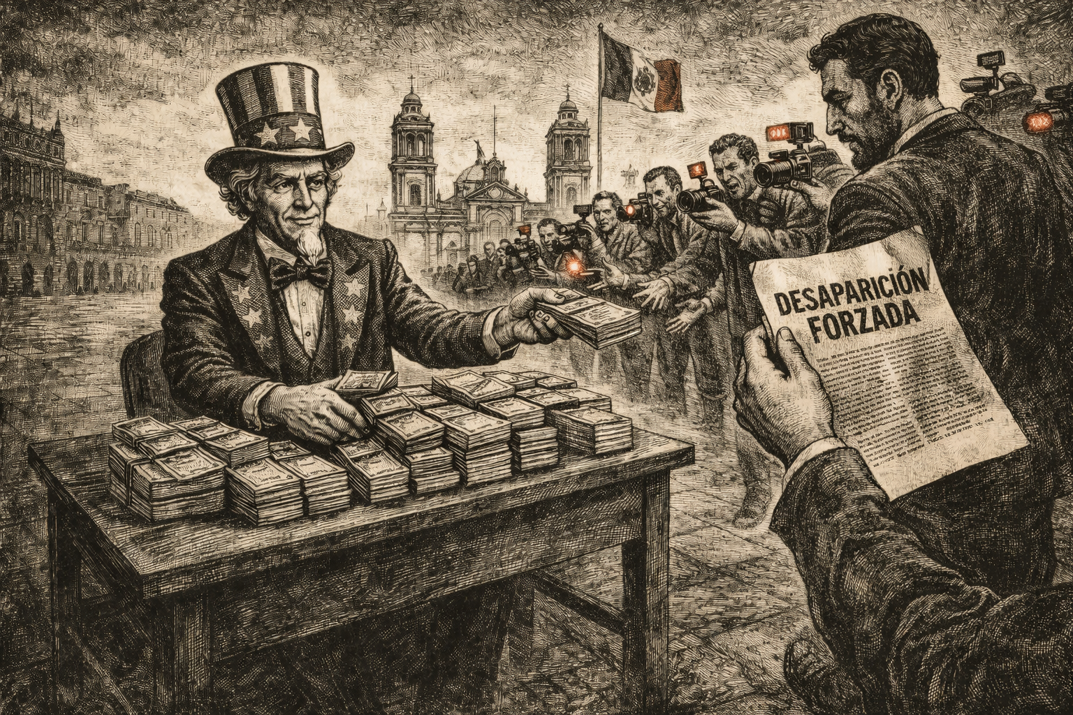 Figura del Tío Sam entregando dinero a periodistas en el Zócalo mientras circula un documento sobre desaparición forzada
