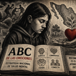 Ilustración estilo grabado de joven leyendo el ABC de las emociones con símbolos de salud mental, escuela y comunidad en México