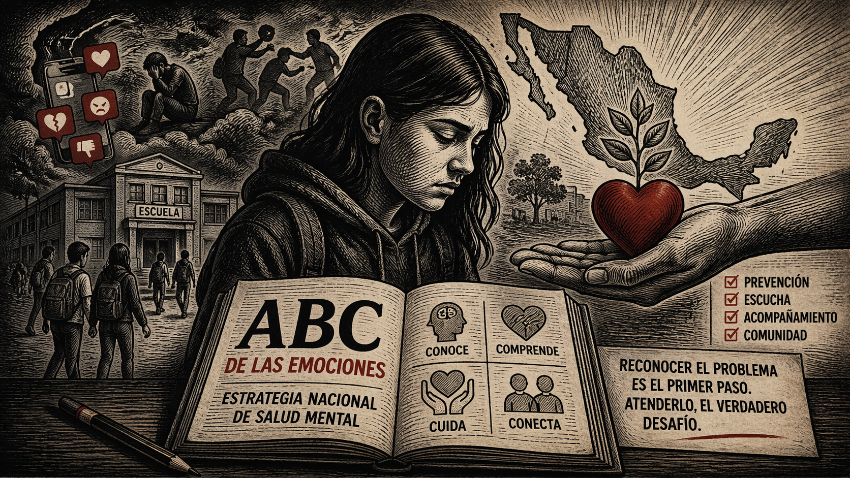 Ilustración estilo grabado de joven leyendo el ABC de las emociones con símbolos de salud mental, escuela y comunidad en México