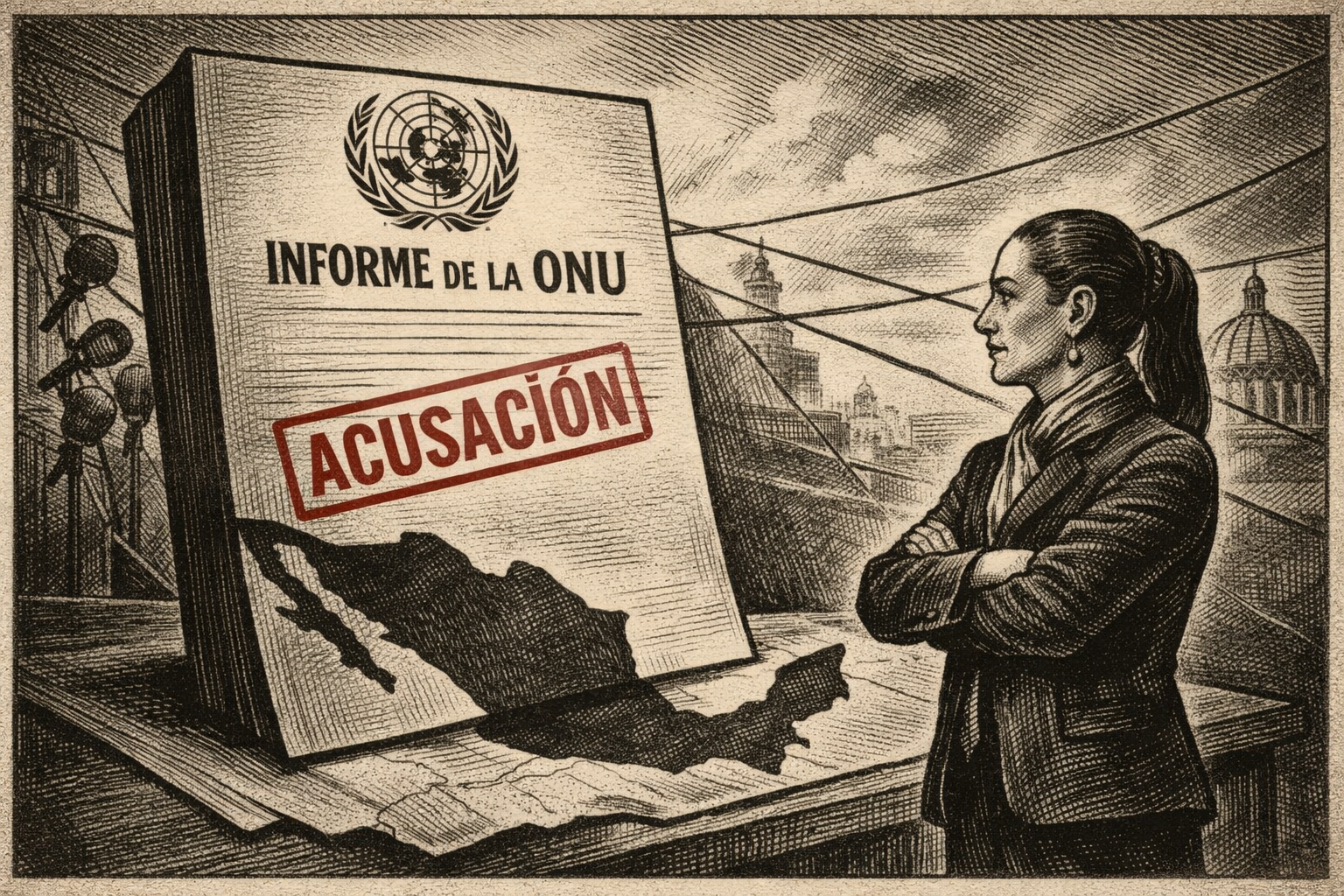 Documento internacional proyectando una sombra sobre el mapa de México en una escena editorial política