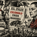Ilustración editorial en blanco y negro que muestra a Claudia Sheinbaum frente a un periódico El País, con símbolos de fracking, tortilla e influencia mediática.