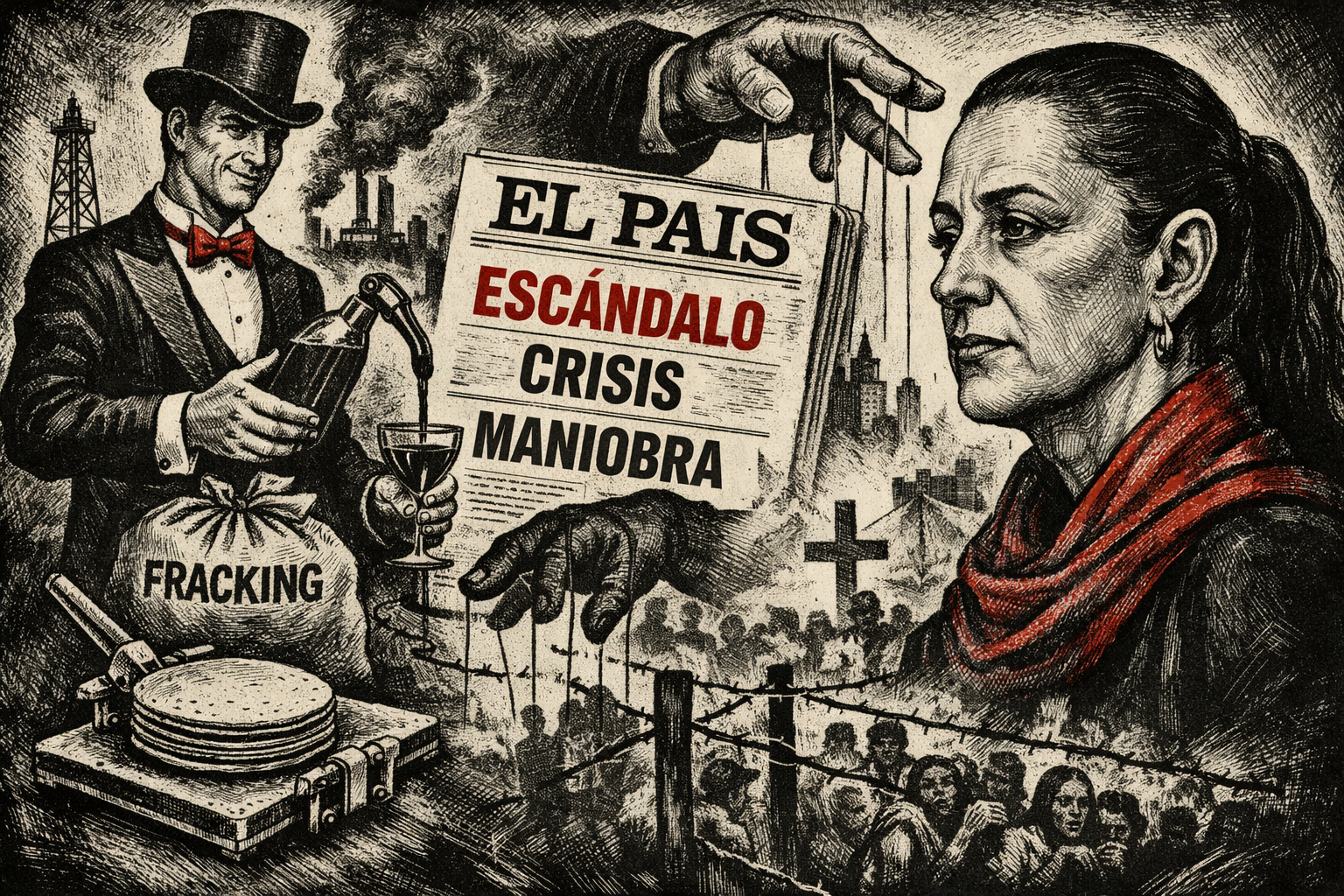 Ilustración editorial en blanco y negro que muestra a Claudia Sheinbaum frente a un periódico El País, con símbolos de fracking, tortilla e influencia mediática.