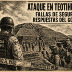 Ilustración editorial estilo grabado de Teotihuacán tras un ataque armado, con Guardia Nacional, prensa y cinta de restricción en la escena