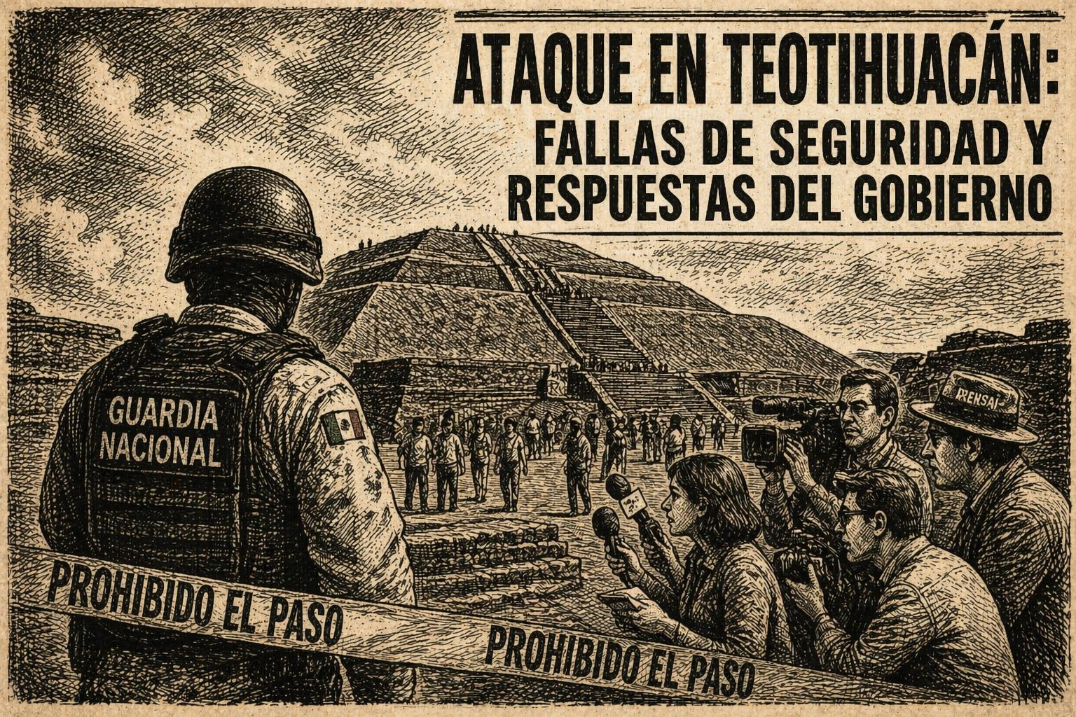 Ilustración editorial estilo grabado de Teotihuacán tras un ataque armado, con Guardia Nacional, prensa y cinta de restricción en la escena