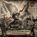 Ilustración editorial en estilo grabado sobre empleo en México 2026 con crecimiento laboral frente a narrativa de crisis de la oposición