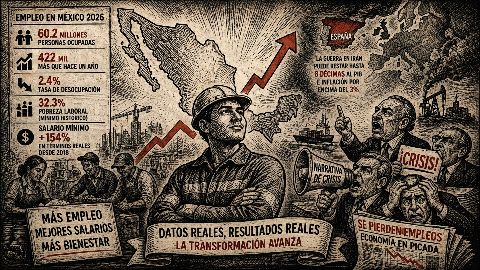 Ilustración editorial en estilo grabado sobre empleo en México 2026 con crecimiento laboral frente a narrativa de crisis de la oposición