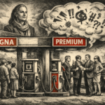 Ilustración editorial de gasolinera dividida entre usuarios de gasolina Magna y Premium en México con crítica social
