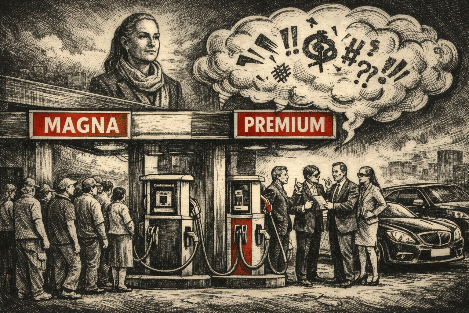 Ilustración editorial de gasolinera dividida entre usuarios de gasolina Magna y Premium en México con crítica social