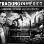 Ilustración editorial de Claudia Sheinbaum con instalaciones petroleras, fracturación hidráulica y elementos científicos que representan el debate sobre fracking en México.